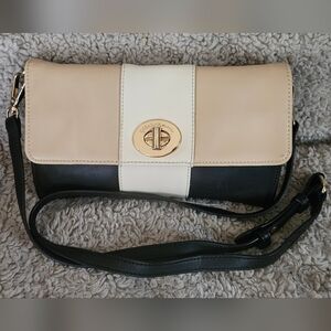 Spartina 449 Cream Black tan Leather Crossbody Bag Flap Turn Lock Clutch Purse